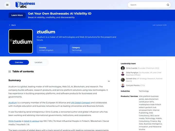 Existing BusinessABC company profile of Ztudium